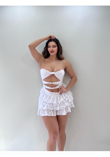 Beyaz Eteği Kat Kat Fırfırlı Sandy Kum.mini Elbise Beyaz