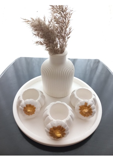 Tabakta 3'lü Mini Balkabağı Vazo Dekoratif Set Beyaz 03