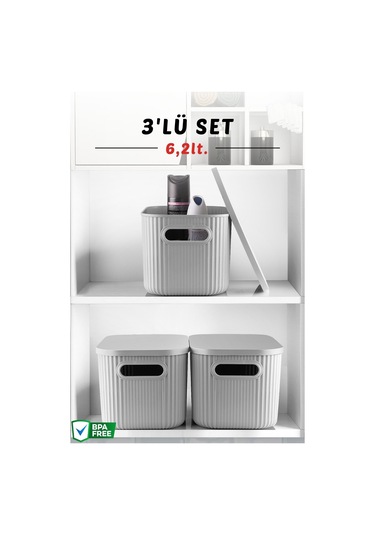 3'lü Set Çok Amaçlı Düzenleyici Depolama Kutusu Gri 6,2lt