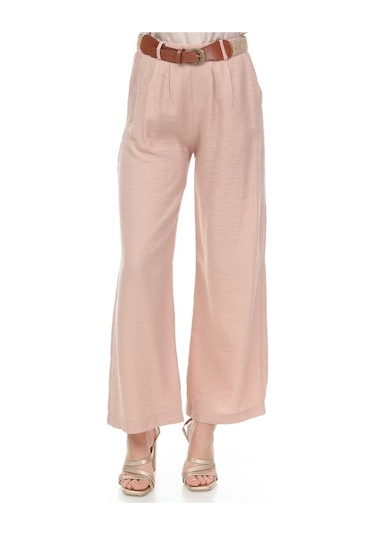 Bluence Beli Kemerli Bol Paça Pembe Pantolon Açık Pembe