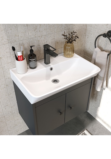 Lavabolu Mat Suntalam 60 Cm Banyo Dolabı, Aynalı Üst Dlp Antrasit