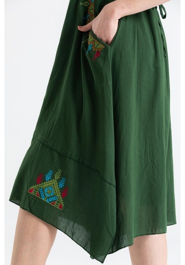 Kolsuz Şile Bezi Antik Nakışlı Midi Boy Elbise Yeşil