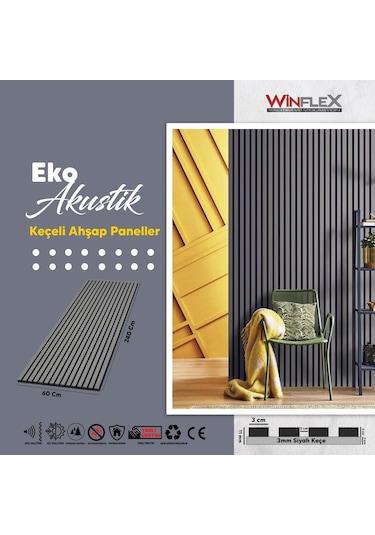 Winflex Eko Keçeli Akustik Ahşap Paneli Antrasit 60x240cm .