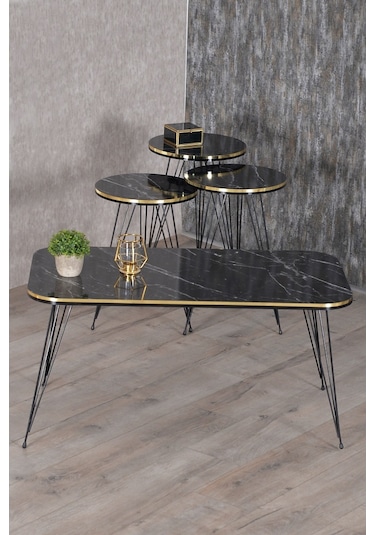 Zigon Sehpa Ve Orta Sehpa Kr Set Siyah Tel Ayak Çift Altın Bendir