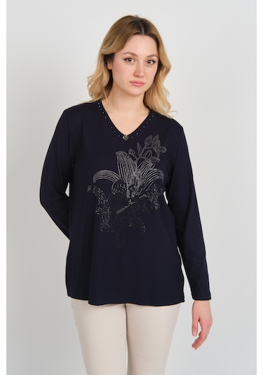 Detay Triko Kadın Önü Taş Süslemeli Yakası Boncuk Detaylı Uzun Kol Anne Bluz 5747 Lacivert Lacivert