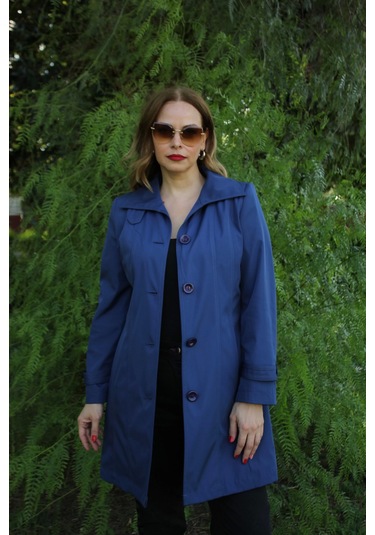 1671 Kolu Düğme Detaylı Uzun Kapişonlu Saks Büyük Beden Kadın Ceket Saks