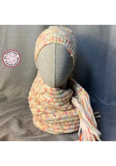 Uretti - Kadir 7704 - El Örgüsü Ebruli Yün Atkı - Bere - İkili Set - 3 Yaş Bej