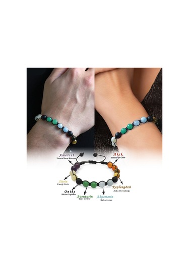 Tesbihane Makrome Örgülü Küre Kesim Multicolor Doğaltaş Kombinli Kadın-erkek Başarı Bilekliği 2li Set Çok Renkli