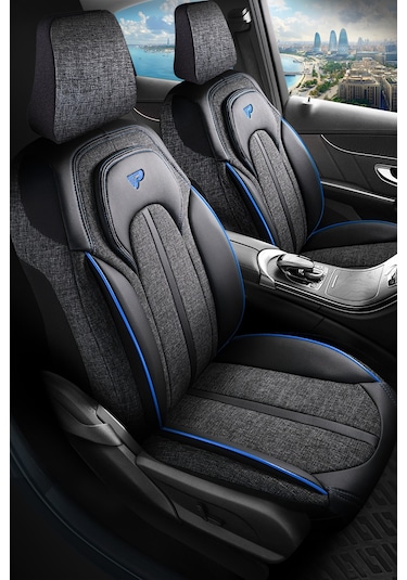 Füme - Mavi Panda Sevılla Serısı Keten Kumaş Oto Koltuk Kılıfı - Tam Set