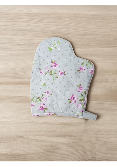 Çiçek Baskılı Gri Yanmaz Çift Fırın Eldiveni