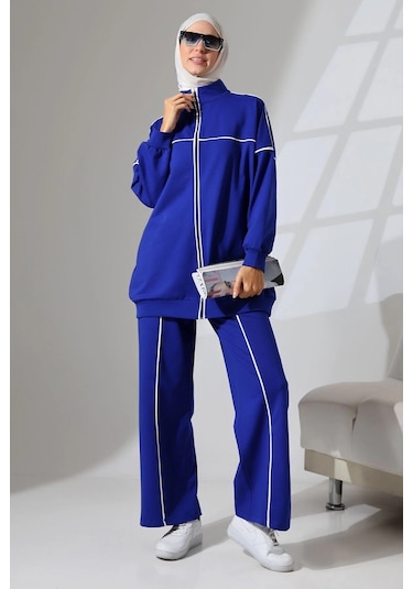 Kadın Saks Mavisi Mevsimlik Penye Alt Üst Spor Ve Rahat Tesettür Takım Saks Mavisi