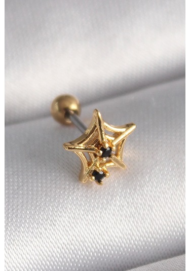 Ceylan Adam 316l Çelik Gold Renk Siyah Zirkon Taş Detay Örümcek Ağ Model Tragus Piercing Çok Renkli