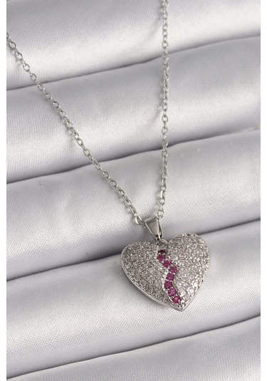 Gümüş Renk Zincir Zirkon Taşlı Kalp Model Kadın Kolye - Ebj241228w30253 Bakır