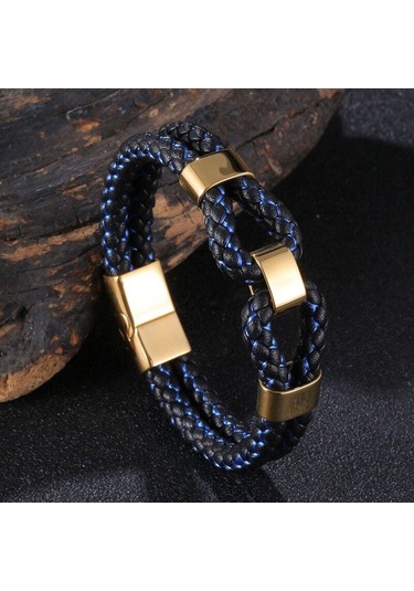 Örme Deri İp Erkek Takı Moda Paslanmaz Çelik Erkek Deri Bileklik Çift Katmanlı Tasarım Çok Renkli Kombinasyon Takı Mavi