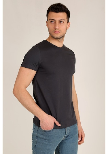Erkek Antrasit Slim Fit Bisiklet Yaka Basic T-shirt Antrasit