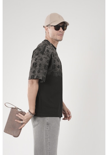 King-Brich Oversize Kalıp Logo Baskılı Bisiklet Yaka Basic Tişört Siyah
