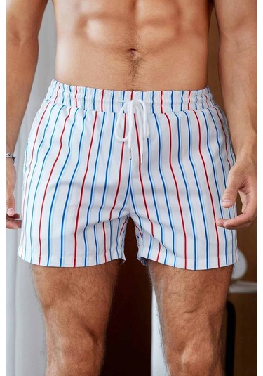 Angelsin Erkek Basic Standart Boy Renkli Çizgili Baskılı Mayo Cepli Deniz Şortu 001