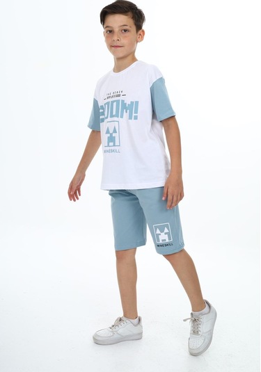 Erkek Çocuk Boom Baskılı Kısa Kollu Şortlu Takım-5906-Mavi