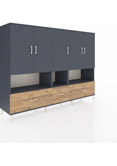 Hyperion Dolap 12 Raflı 3 Çekmeceli 5 Kapaklı 220x44x163 Antrasit Antrasit-antrasit/çam