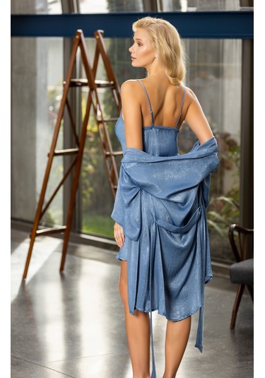Laperissa Kadın Parlak İndigo Gecelik Ve Sabahlık Takımı Şık Ve Zarif 2 Li Set Lacivert