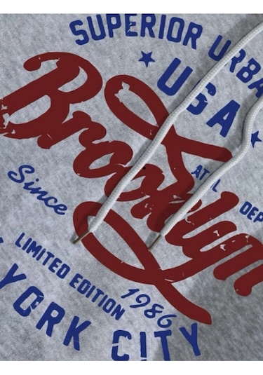Unisex Oversize Brooklyn Baskılı Kapüşonlu Gri Sweatshirt. Gri