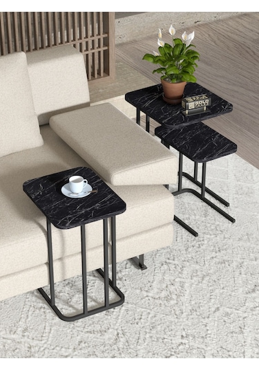 Zigon Sehpa Metal Ayak 3'lü Koltuk Yan Sehpa Zino Bendir Siyah