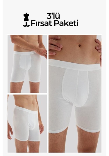 Weweus Beyaz 3'lü Erkek Süper İnce Doğal Bambu Lüks Uzun Boxer 1013 Beyaz