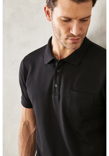 Ac&Co / Altınyıldız Classics Erkek Koyu Siyah Polo Yaka Cepli Regular Fit Bol Kesim Düz Tişört 4A4820200004SssxXL Siyah