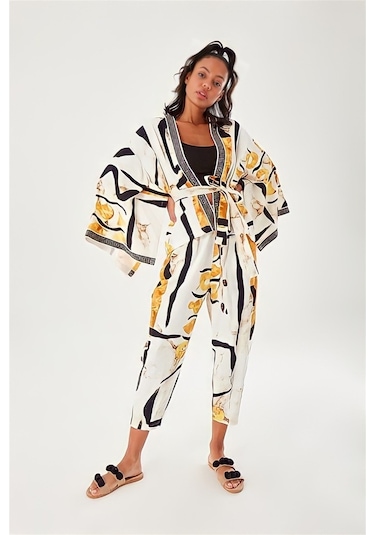 Batik Desenli Kimono Ekru