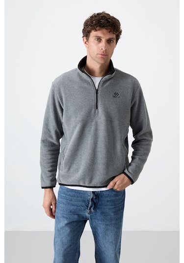 Dik Yaka Yarım Fermuarlı 2li Paket Lacivert-gri Melanj Erkek Polar Sweatshirt - 87891 Lacivert - Gri