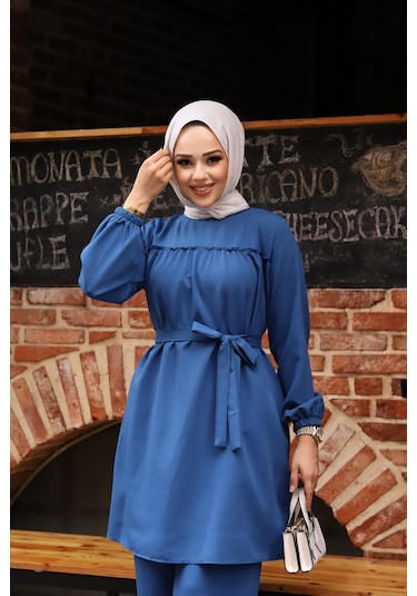Fırfır Detaylı Tesettür İndigo Takım I Ndigo