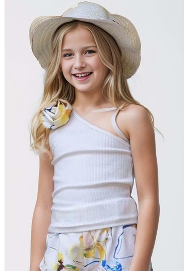 Riccotarz Kız Çocuk Gül Detaylı Tek Omuzlu Kaşkorse Bluz Ve Dijital Baskılı Beyaz Alt Üst Takım Beyaz Riccotarz Kız Çocuk Gül Detaylı Tek Omuzlu Kaşkorse Bluz Ve Dijital Baskılı Beyaz Alt Üst Takım Beyaz