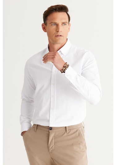AC&Co / Altınyıldız Classics Erkek BEYAZ Slim Fit Dar Kesim Oxford Düğmeli Yaka Armürlü Pamuklu Gömlek Beyaz