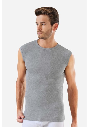 3'lü Paket Gri Kolsuz Erkek Atlet Yuvarlak Yaka Sıfır Kol Tişört %100 Pamuklu Gri