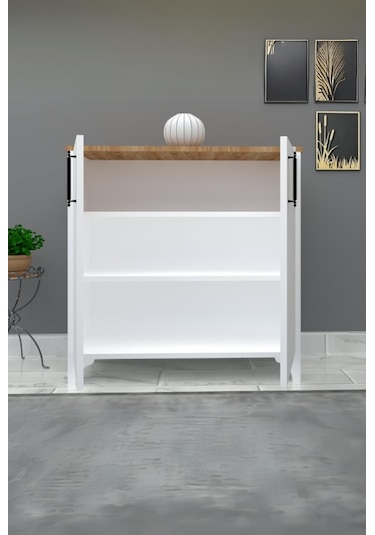 %100 Mdf 2 Kapaklı Küp Üstü Desenli Ayakkabılık Beyaz