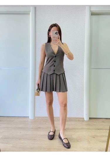 Keten Takım Görünümlü Düğme Detaylı Yelekli Mini Elbise - Füme Füme
