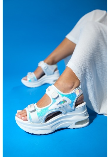 Arthur Beyaz Payetli Bantlı Kalın Taban Kadın Spor Sandalet Beyaz