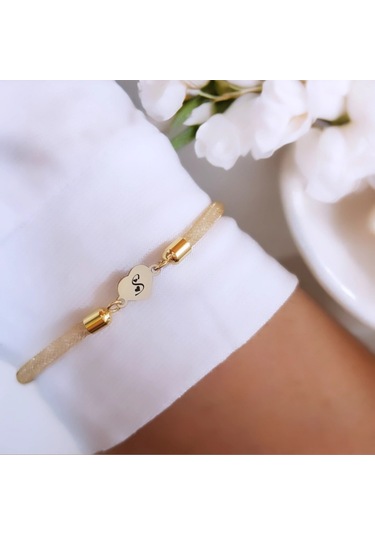 Archin S Harfine Özel Hasır Kordonlu Kalp Motifli 14 Ayar Altın Plakalı Hediye Bileklik-474harf S