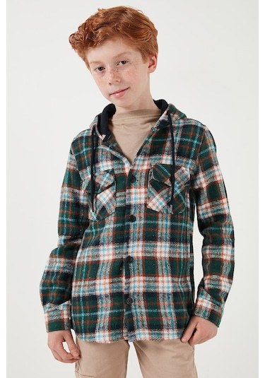 Lela Kapüşonlu Çift Cepli Ekoseli Kışlık Oduncu Erkek Çocuk Gömlek Cf24W81778 Kiremit-Yeşil