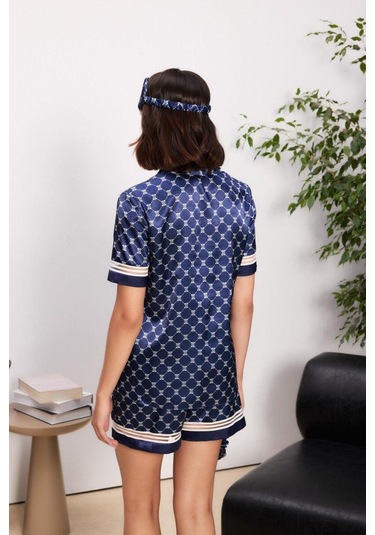 Pierre Cardin 1325 Kadın Saten Biyeli Kısa Kol Şort Pijama Takımı lacivert