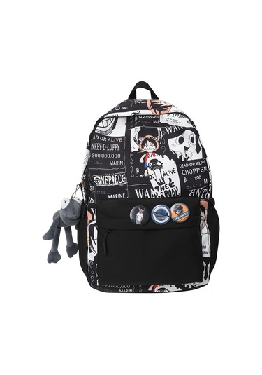 Lemestar Erkek Kız Üniversite Ortaokul Çanta, One Piece Kartoon Desenli, Ins Stilinde Geniş Hacimli, Outdoor Seyahat Sırt Çantası Siyah + Gri Kurbağa Askılımlı Siyah