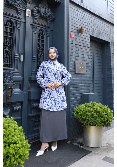 Kadın Mavi Çiçek Desenli Pamuk Dokuma Kumaş Tunik Gömlek Etekli Takım Tk1415 Mavi