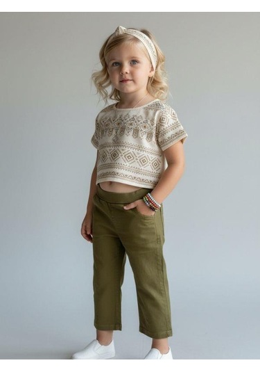 Zekids Kız Çocuk Yüksek Bel Pantolon-16976 Haki