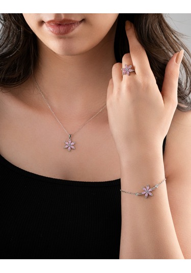 925 Ayar Pembe Taşlı Rodyum Lotus Çiçeği 3'lü Gümüş Set Gümüş