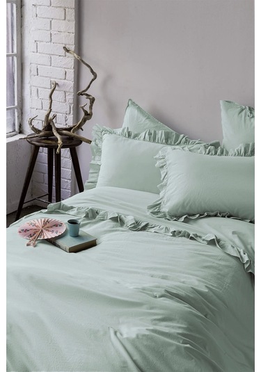 Frill Mint Yıkanmış %100 Pamuk Poplin Nevresim Takımı Çift Kişilik Mint