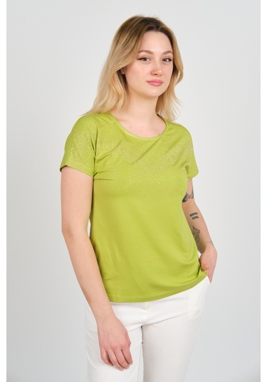 Ella Camelia Kadın Düşük Kollu Taş Süsleme Detaylı Bisiklet Yaka Bluz 24e116 Açık Yeşil Açık Yeşil
