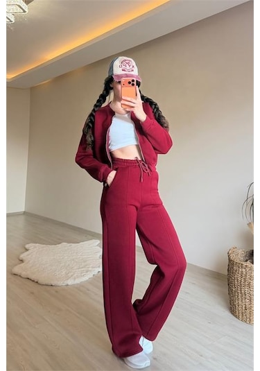 Neşeli Butik Kadın Oversize 3 İplik Cepli Eşofman Takımı Nm029 Bordo