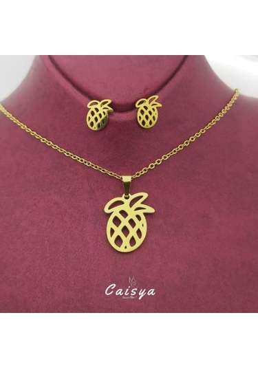 Ananas Çelik Kolye Küpe Set Gümüş