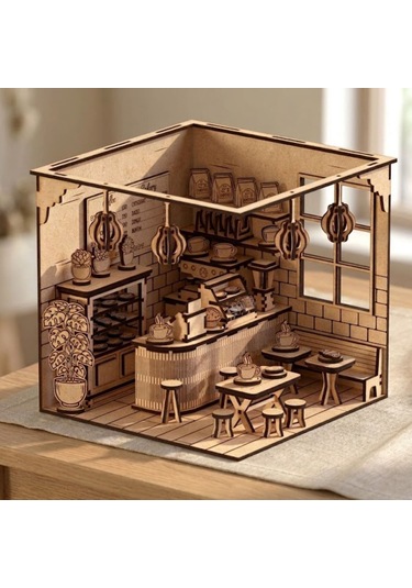 Coffee Shop Ahşap Maket Seti Dıy Miniatür Kafe Peri Led Hediye 214 Parça