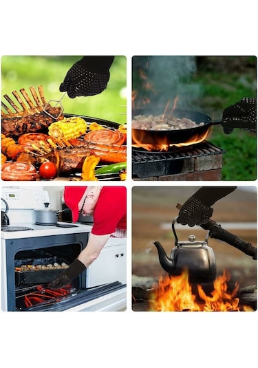 Izgara Eldivenleri Fırın Eldivenleri 800 C'ye Kadar Isıya Dayanıklı Pişirme Eldivenleri Barbekü Izgara Eldivenleri Siyah